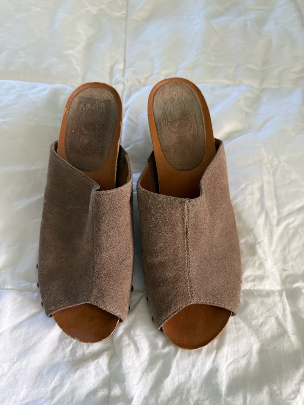 Nine West Taupe Suede Open-Toe Slide Mules